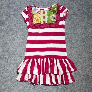 Persnickety Girls Pink White Striped Ruffle Dress Floral Yoke‎ 2T USA Made